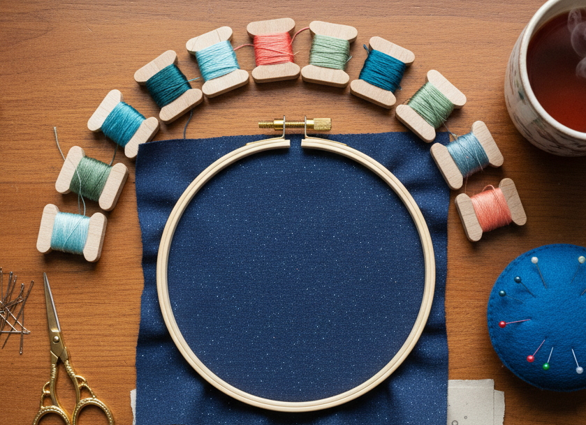 Materials laid out for jellyfish embroidery